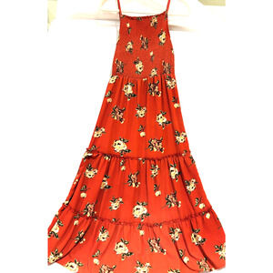 Spaghetti Strap Bohemian Maxi floral ruffled dress Rust sz M Peasant Cottagecore